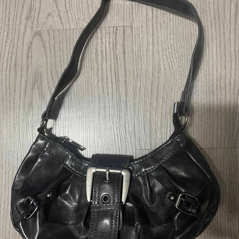 Black Glossy Shoulder Bag with Silver Buckle